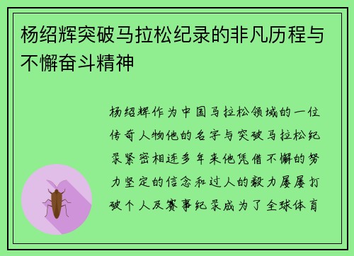 杨绍辉突破马拉松纪录的非凡历程与不懈奋斗精神