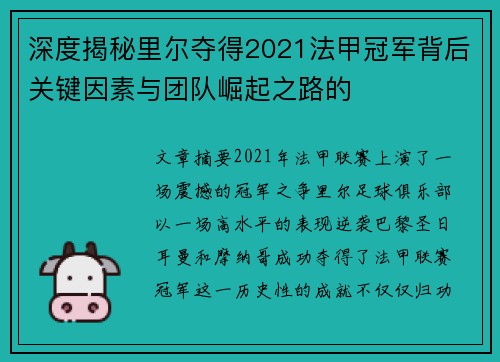 深度揭秘里尔夺得2021法甲冠军背后关键因素与团队崛起之路的