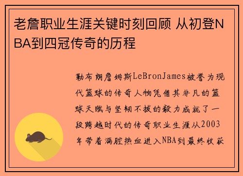 老詹职业生涯关键时刻回顾 从初登NBA到四冠传奇的历程