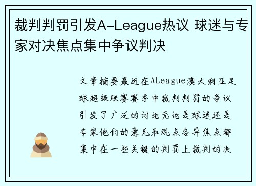 裁判判罚引发A-League热议 球迷与专家对决焦点集中争议判决