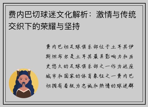 费内巴切球迷文化解析：激情与传统交织下的荣耀与坚持
