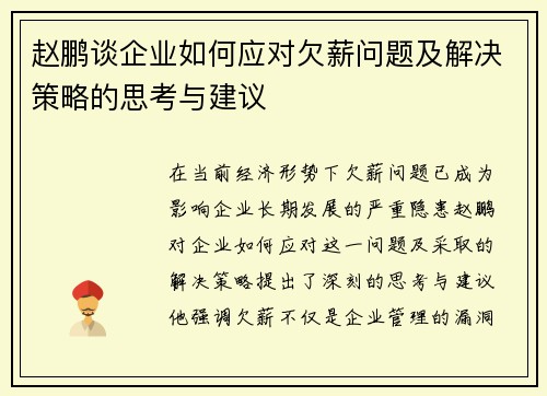 赵鹏谈企业如何应对欠薪问题及解决策略的思考与建议